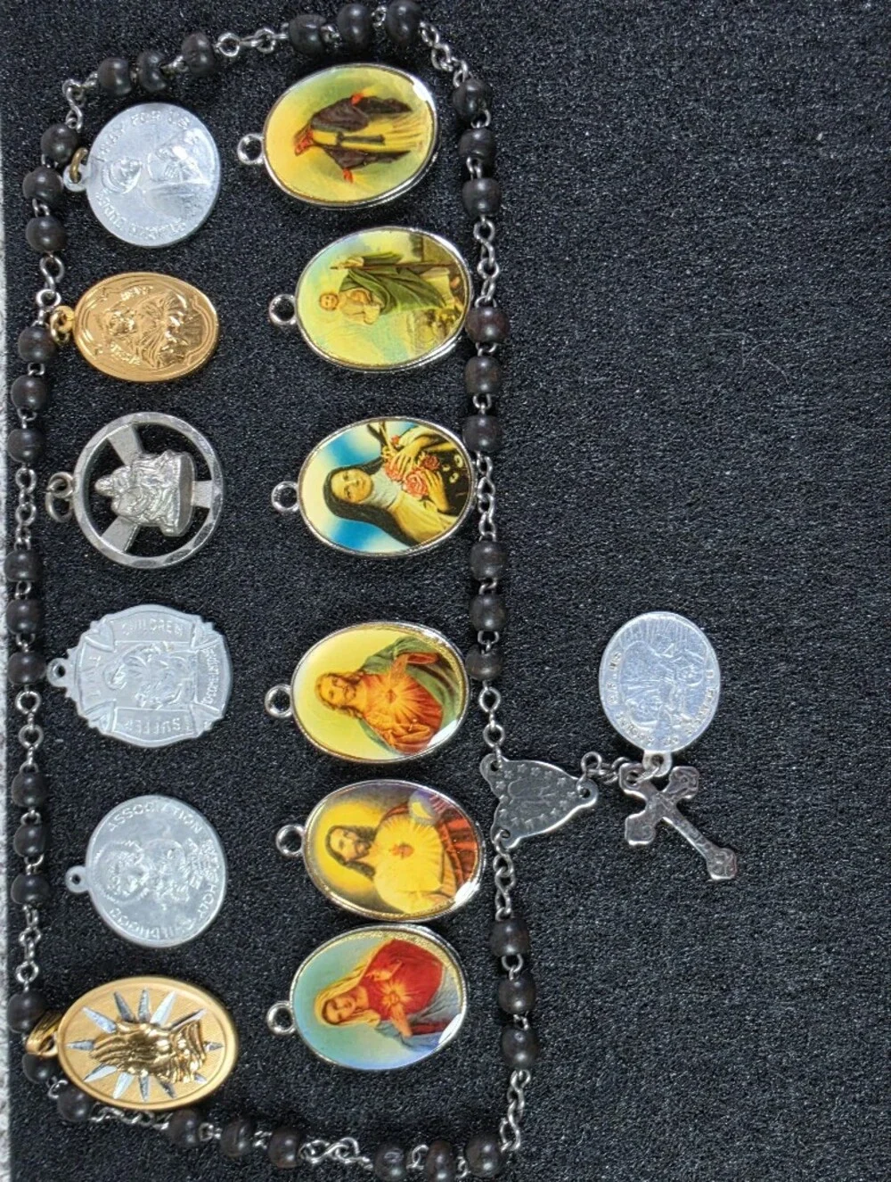 Religious Medal Rosary Necklace with Multi-Color Saint Medallions
